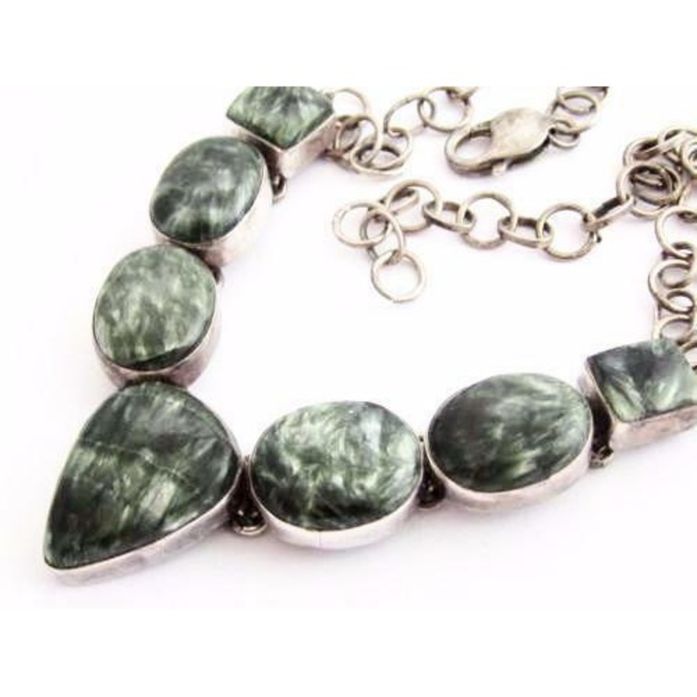 Green Seraphinite Gemstone Stunning Large Sterling Silver‎ Necklace*18"*46g*925